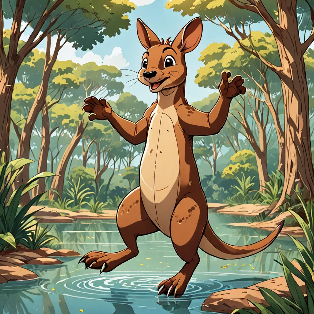 a cartoon kangaroo standing in a river in the forest with trees and bushes around it, with a bird flying above, furry art, a character portrait, Aloysius O'Kelly, promotional image