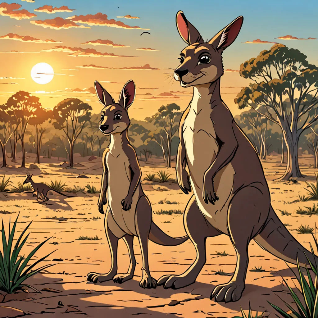 a couple of kangaroos standing on top of a dirt field next to trees and bushes at sunset with a bird flying overhead, furry art, an illustration of, Don Bluth, rossdraws global illumination