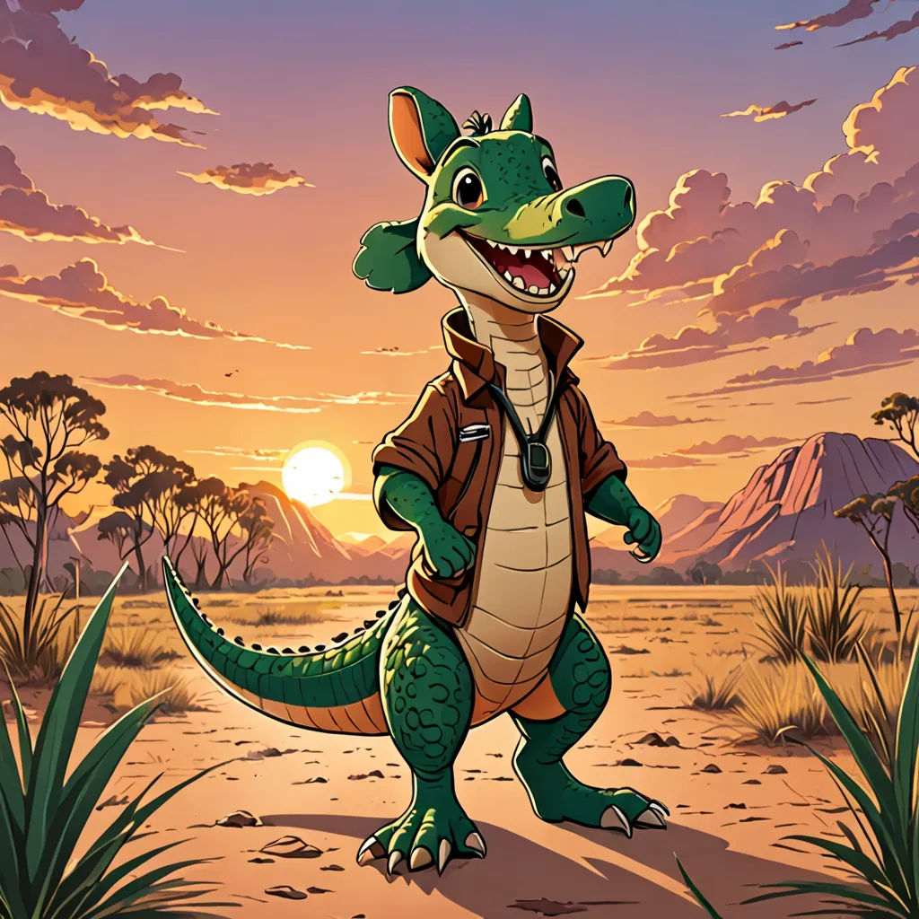 a cartoon dinosaur with a backpack on walking through a desert landscape at sunset or dawn with mountains in the background, furry art, a character portrait, Adam Rex, official art