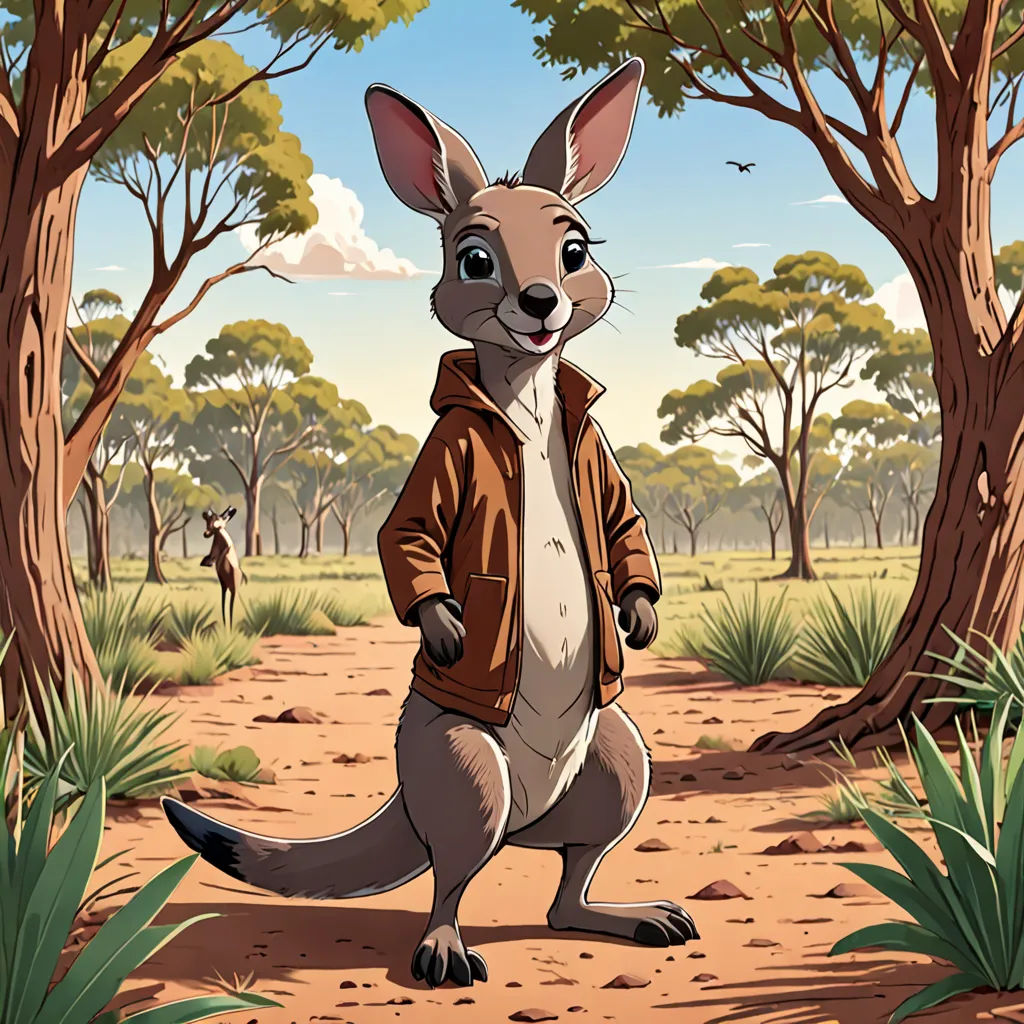 a kangaroo in a brown jacket standing in a forest with trees and grass in the background, with a person in the distance, furry art, a character portrait, Bob Ringwood, official art