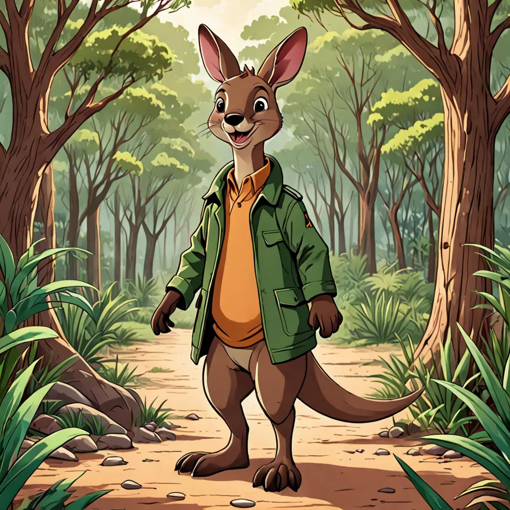 a kangaroo in a green jacket standing in a forest with trees and rocks on the ground and a man in a yellow shirt, furry art, a character portrait, Aloysius O'Kelly, promotional image