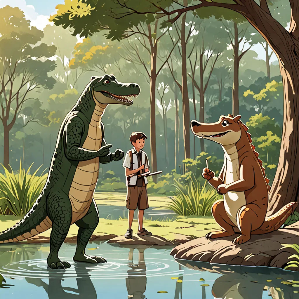 a boy standing next to a crocodile and a crocodile in a forest with a man holding a knife and a knife, american scene painting, a storybook illustration, Chris LaBrooy, storybook illustration