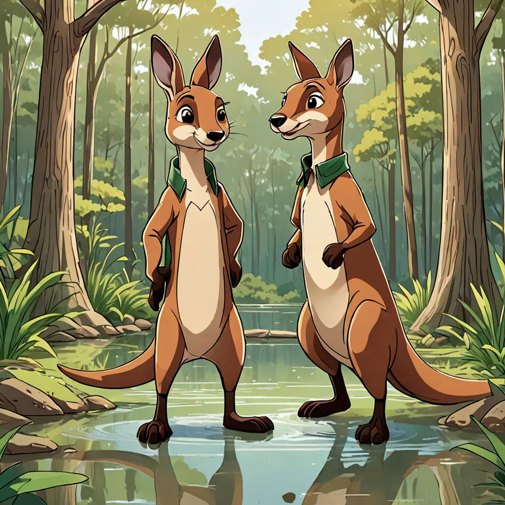two kangaroos standing in the woods near a pond of water and trees, one of which is wearing a green collar, furry art, concept art, Don Bluth, official art