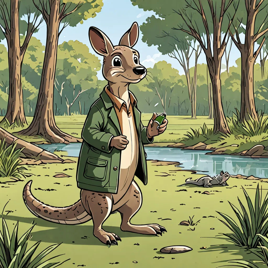 a cartoon kangaroo in a green coat standing in a forest next to a river and a frog in the water, furry art, a character portrait, Chris LaBrooy, promotional image