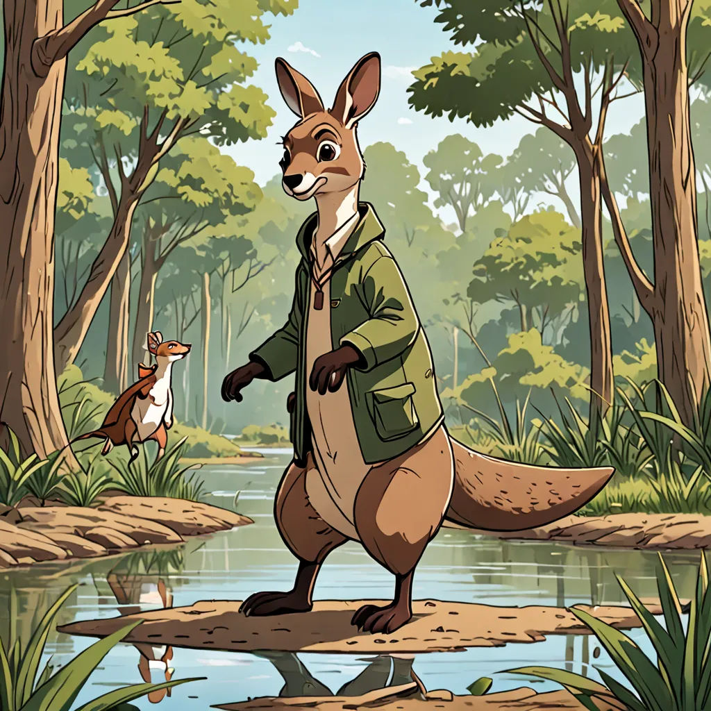 a cartoon of a kangaroo and a dog in a forest by a river with trees and a pond in the foreground, furry art, poster art, Cliff Childs, official art
