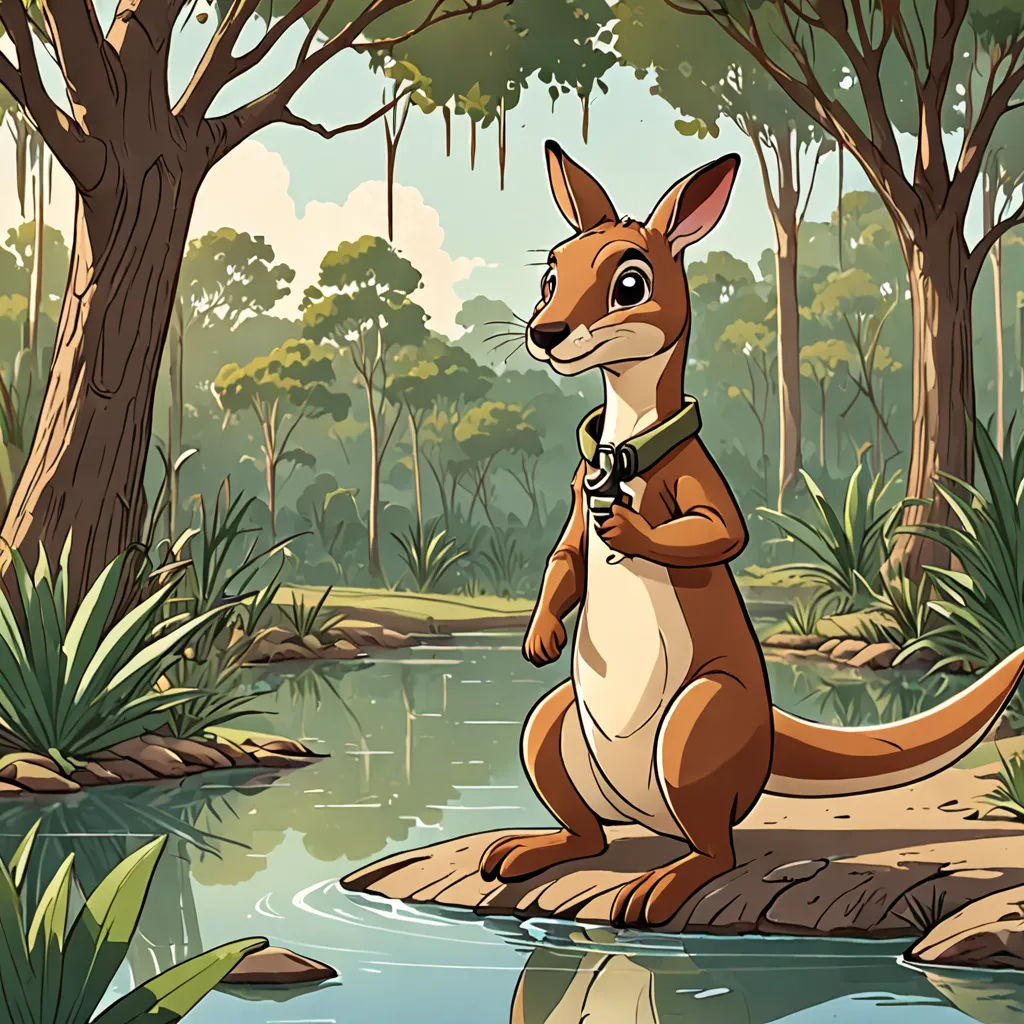 a cartoon kangaroo standing on a rock in a forest with a pond and trees in the background, with a bird perched on the rock, furry art, a storybook illustration, Chris LaBrooy, rossdraws global illumination