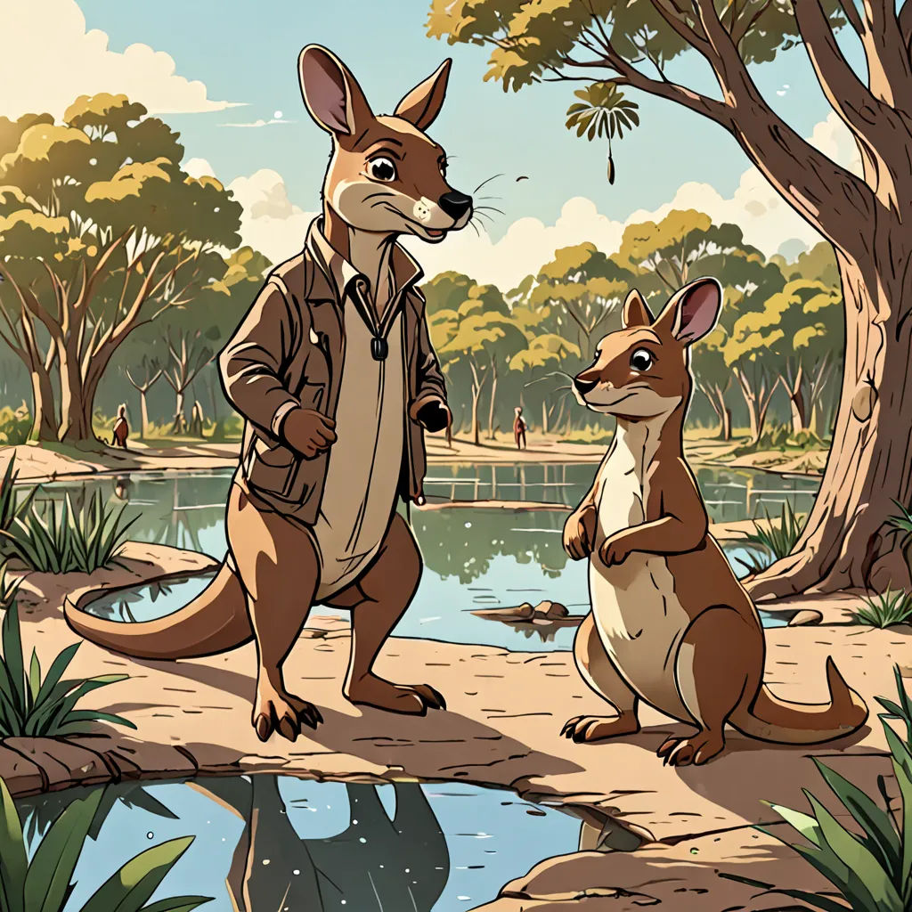 a cartoon of a kangaroo and a kangaroo standing next to each other in a forest with a pond and trees, furry art, a storybook illustration, Colin Middleton, comic cover art
