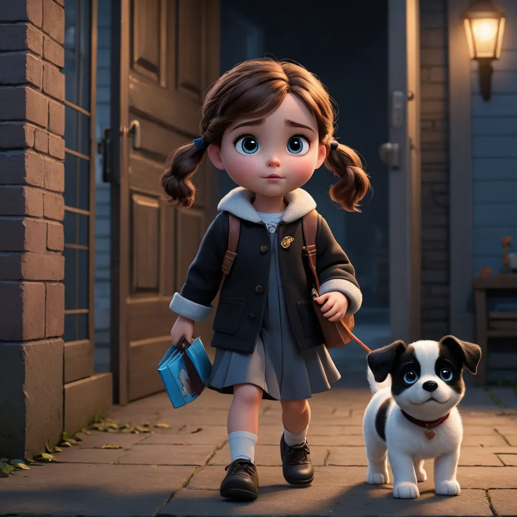 a little girl walking a dog down a sidewalk next to a building with a light on it's side, photorealism, a comic book panel, Anne Said, unreal engine highly rendered