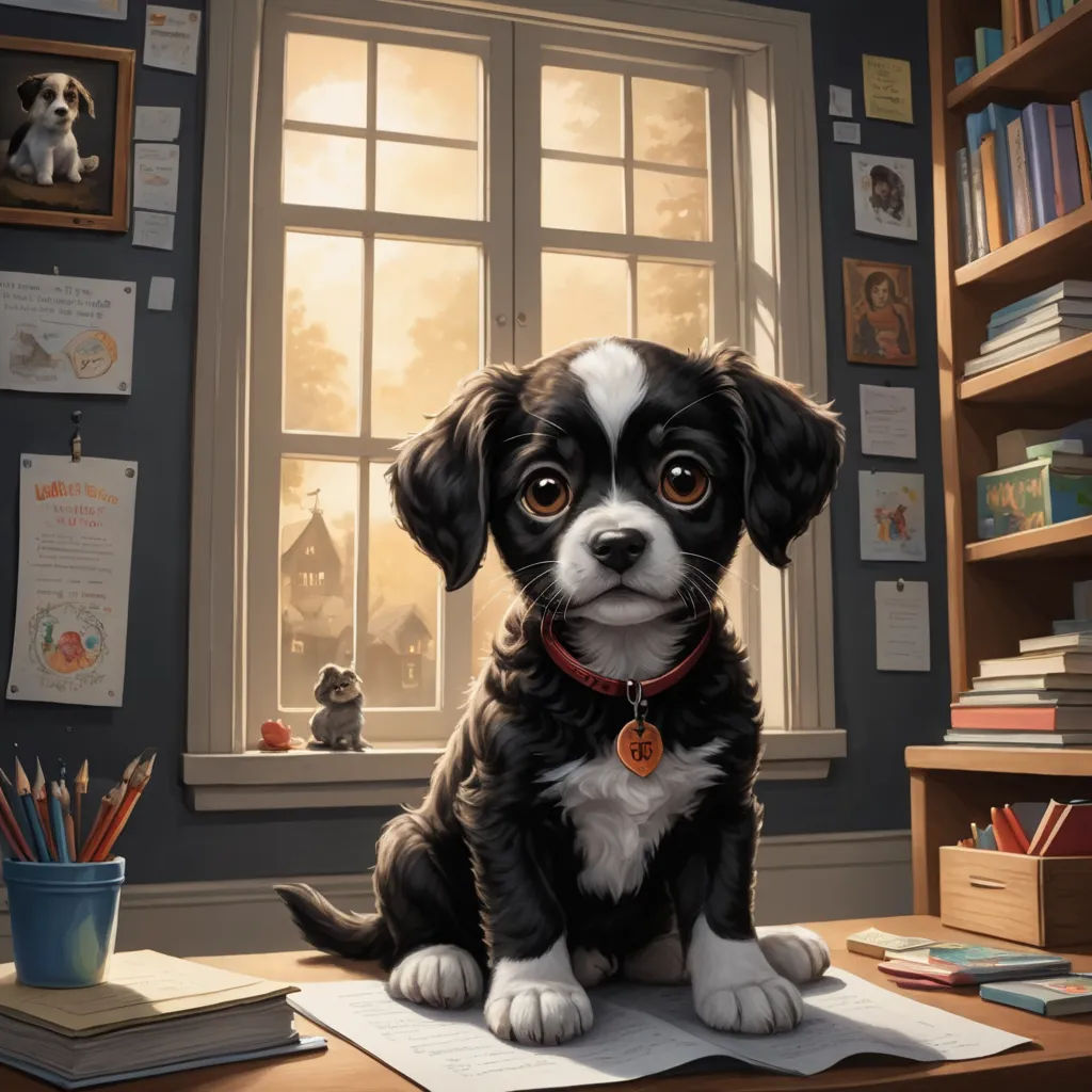 a dog sitting on a desk in front of a window with a dog tag on it's collar, furry art, a storybook illustration, Chris LaBrooy, highly detailed digital painting