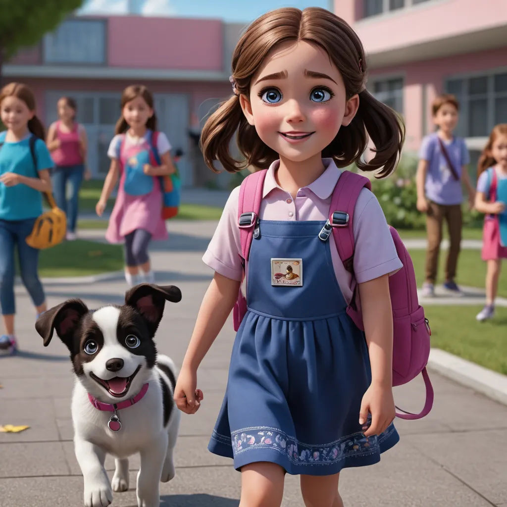 a cartoon girl walking a dog down a sidewalk with other children in the background and a dog on the sidewalk, photorealism, concept art, disney, unreal engine highly rendered