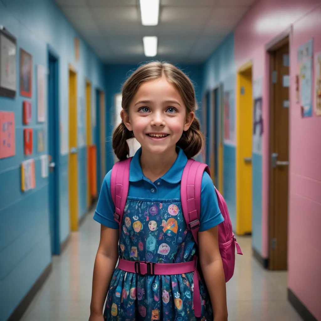 a young girl in a hallway with blue walls and yellow doors and a pink backpack on her back and a pink backpack on her shoulder, northwest school, a character portrait, Evaline Ness, movie still