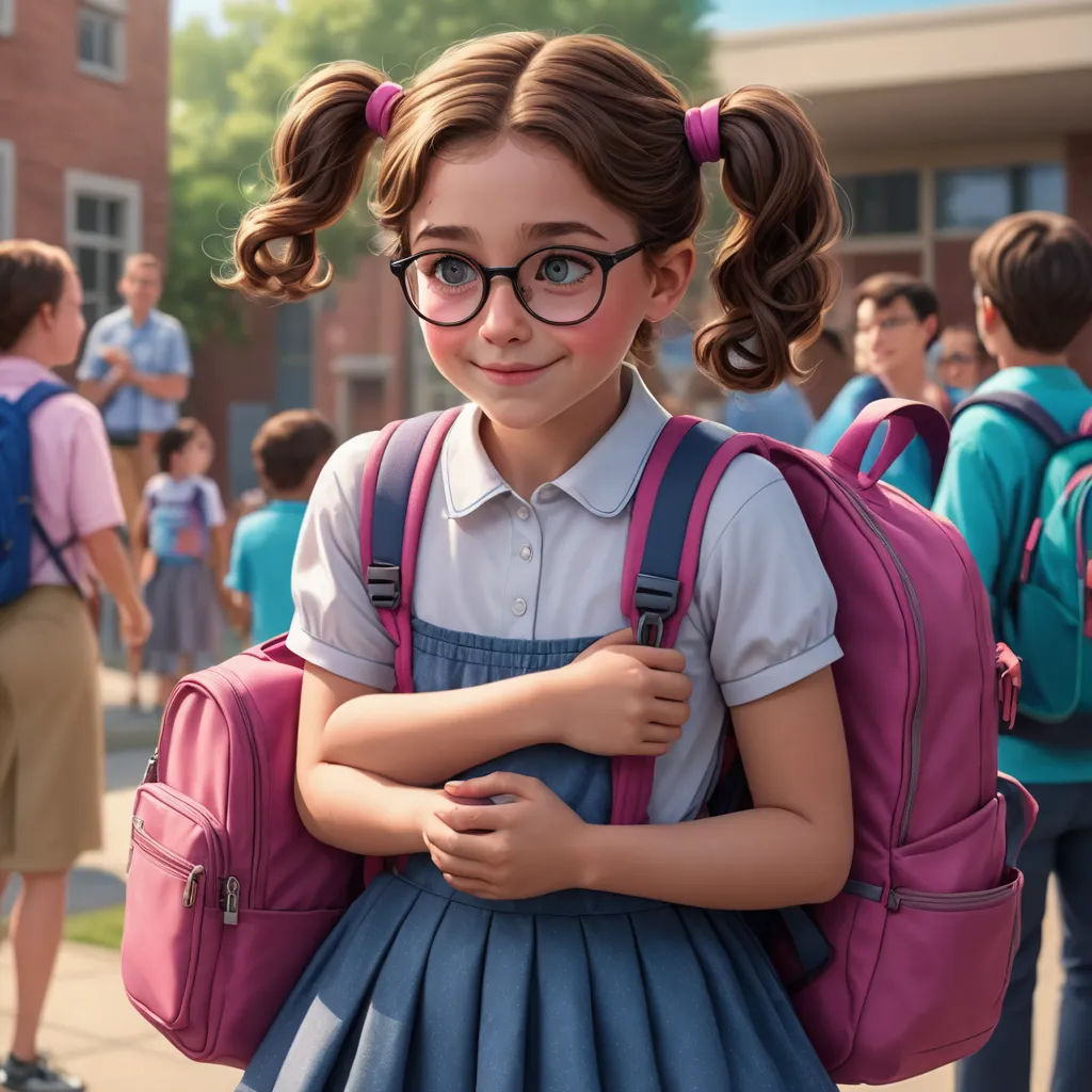 a girl with glasses and a backpack is standing in front of a group of children in school uniforms and backpacks, hyperrealism, a character portrait, Ada Gladys Killins, unreal engine highly rendered