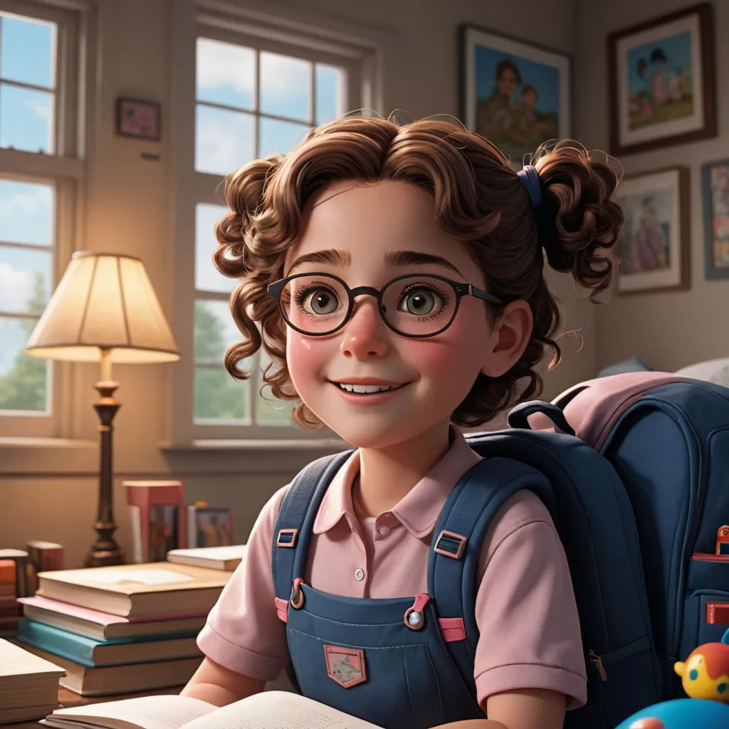 a cartoon girl with glasses and a backpack sitting at a desk with books and a lamp on it,, photorealism, a storybook illustration, Chris LaBrooy, cgstudio