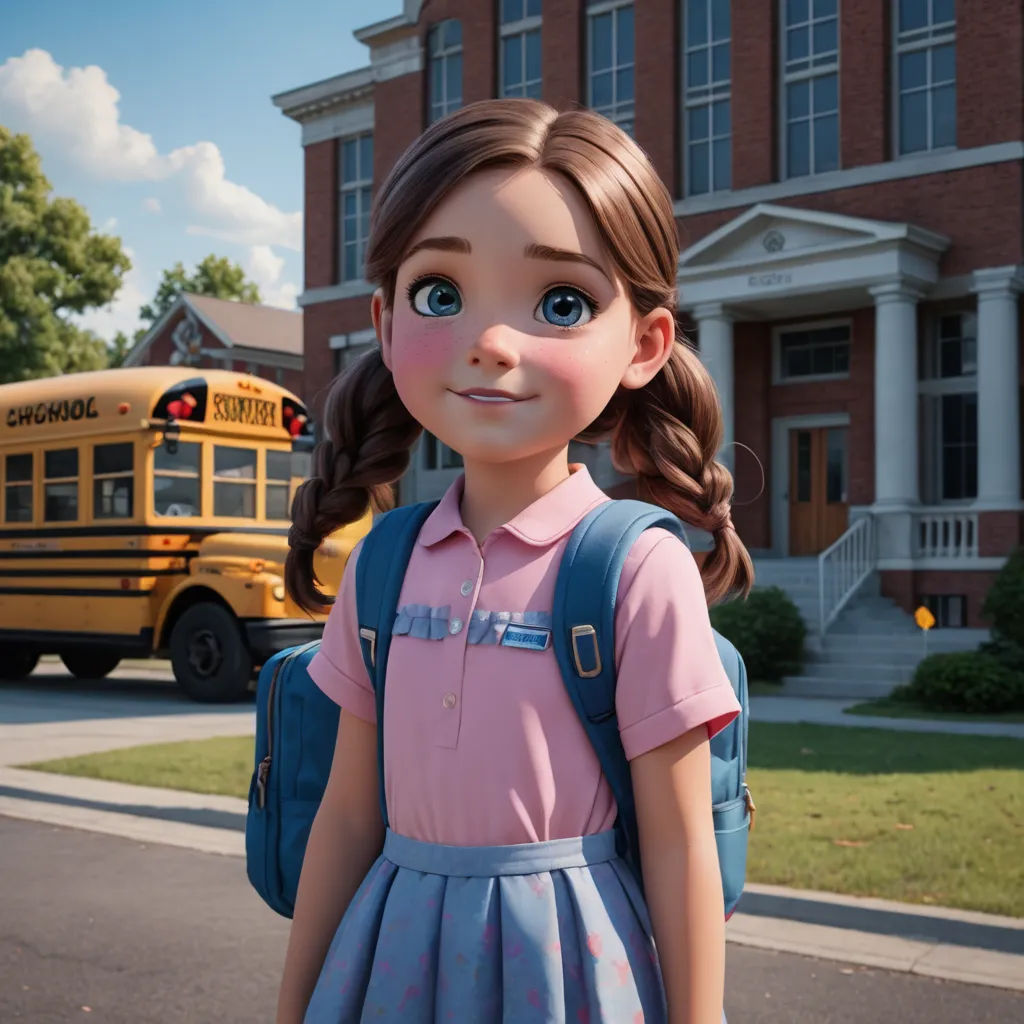 a girl in a pink shirt and blue skirt standing in front of a school bus with a backpack on, paris school, an ambient occlusion render, Evaline Ness, unreal engine 5 highly rendered