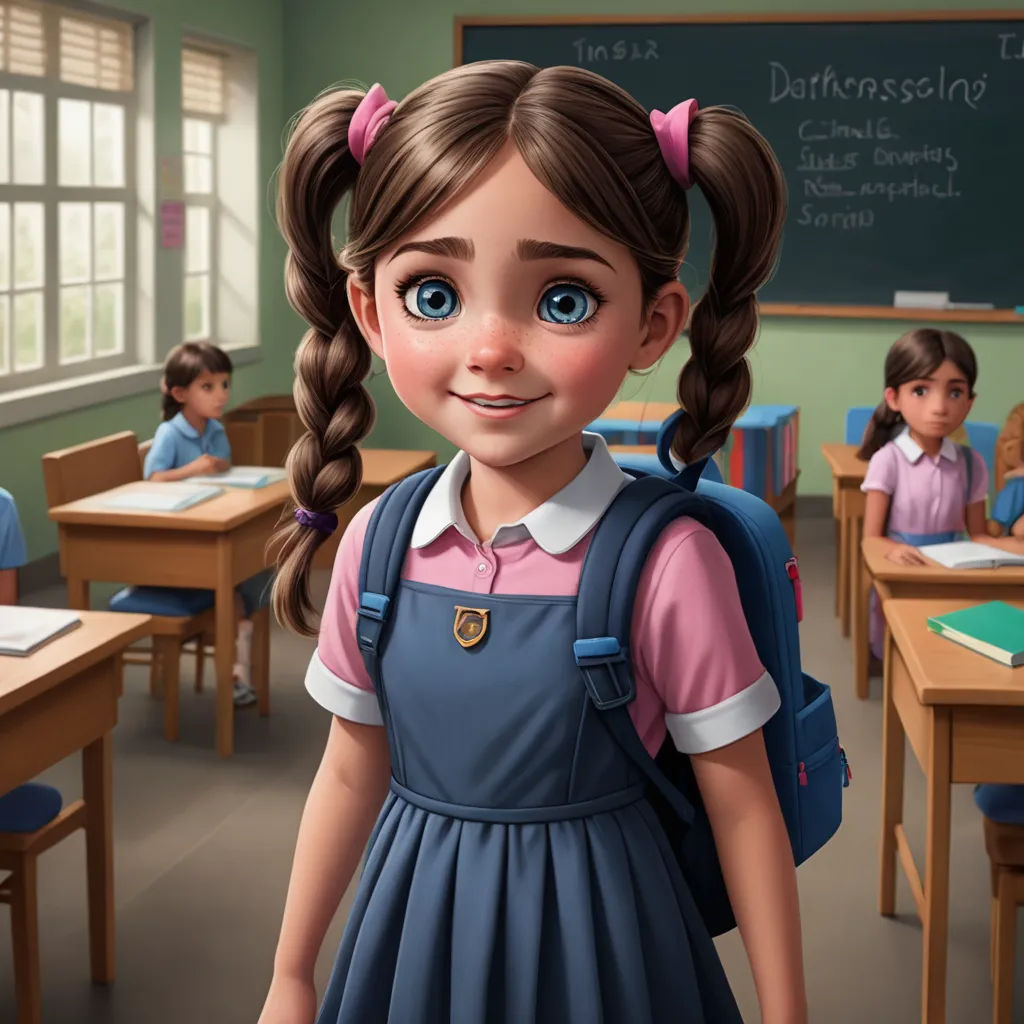 a cartoon girl in a classroom with a backpack on her shoulder and a book in her hand, with a chalkboard in the background, danube school, a digital rendering, Clarice Beckett, cgstudio