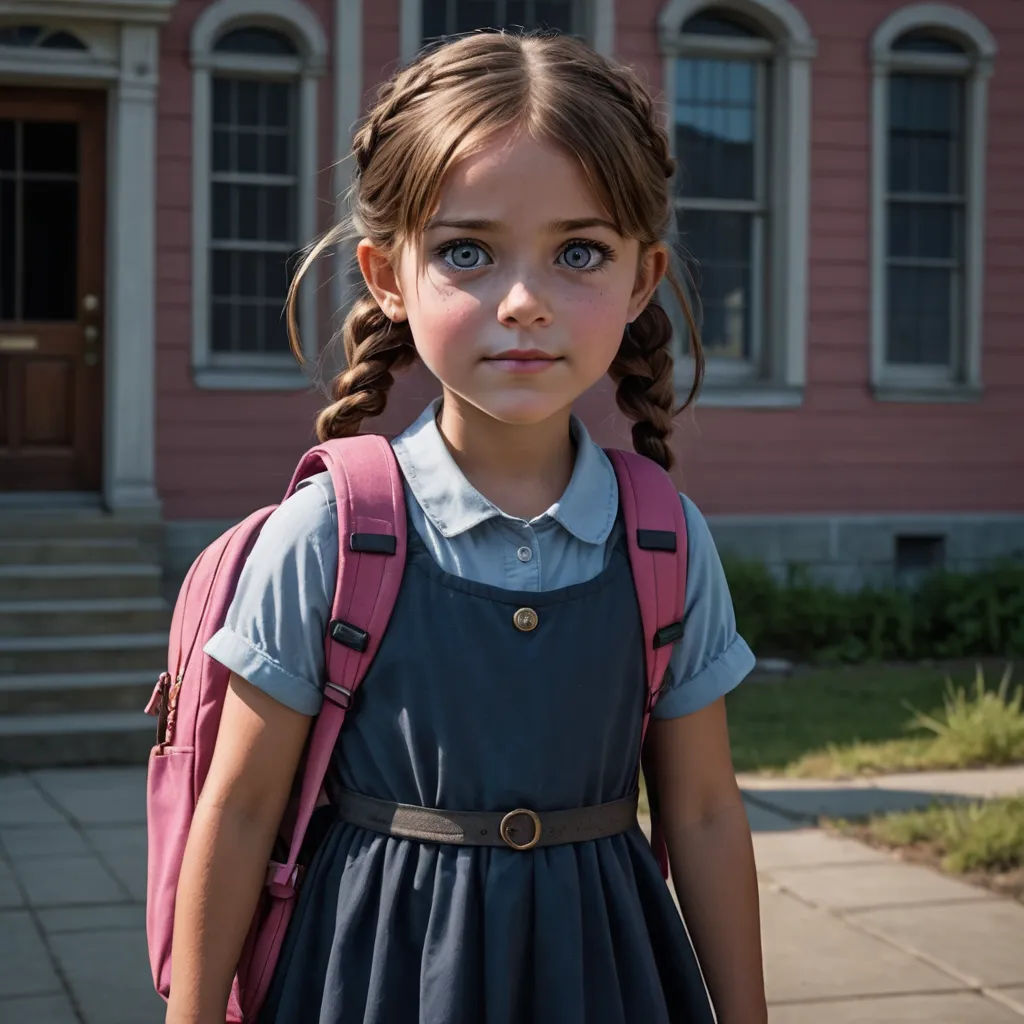 a young girl with a backpack standing in front of a pink house with a pink door and a pink door, vancouver school, a character portrait, Clarice Beckett, promotional image