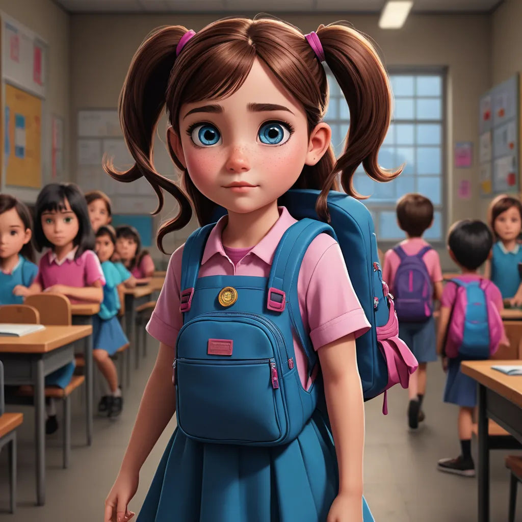 a cartoon girl in a school uniform stands in front of a classroom full of children with backpacks on, photorealism, a 3D render, Alejandro Burdisio, unreal engine highly rendered