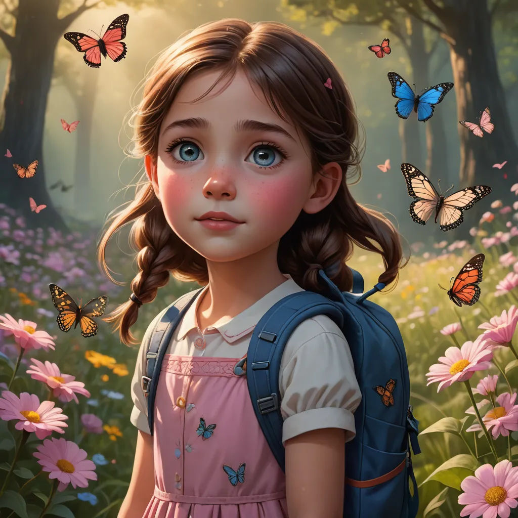 a painting of a girl with a backpack in a field of flowers and butterflies flying around her head and a forest of pink flowers, fantasy art, a detailed painting, Alice Prin, cgstudio