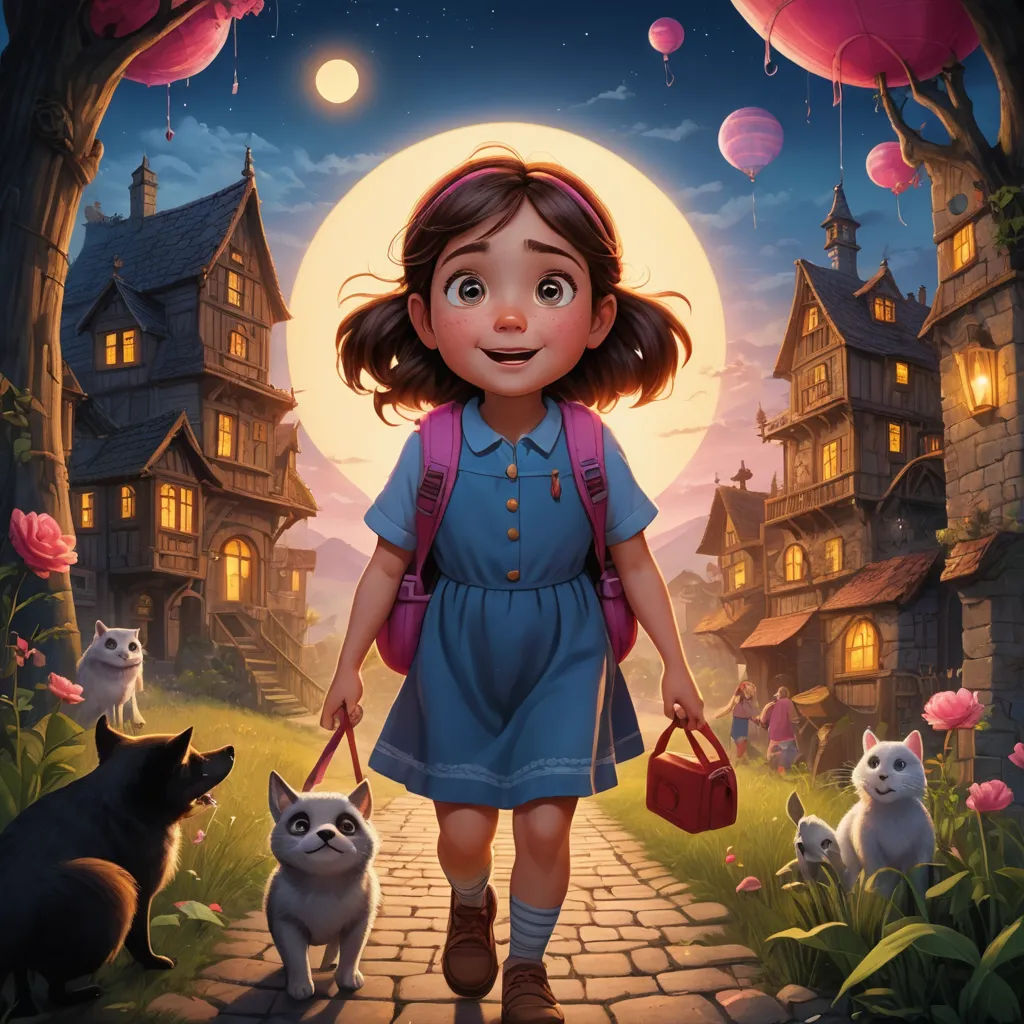 a girl with a backpack and a cat in front of a full moon and a full moon sky with a full moon, fantasy art, a storybook illustration, Chris Rallis, rossdraws global illumination