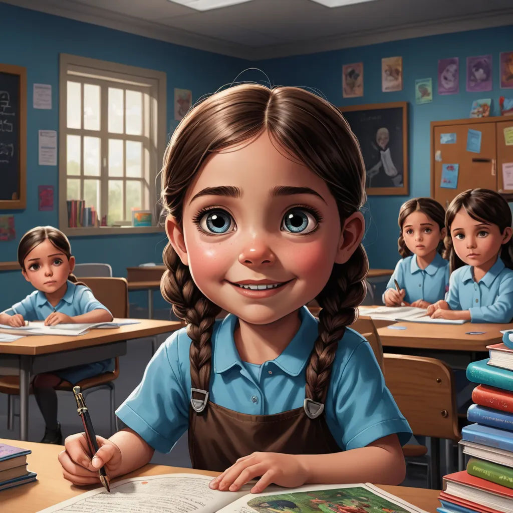 a cartoon girl sitting at a desk with a book and pen in her hand and a group of other children behind her, hyperrealism, a storybook illustration, Bob Byerley, cgstudio