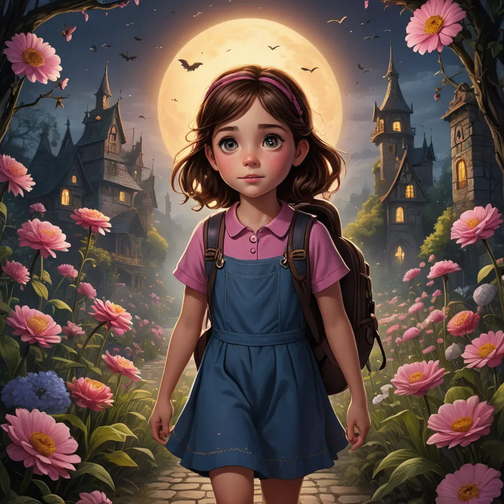 a little girl is walking through a flower garden with a full moon in the background and a castle in the background, fantasy art, a storybook illustration, Aaron Jasinski, rossdraws global illumination