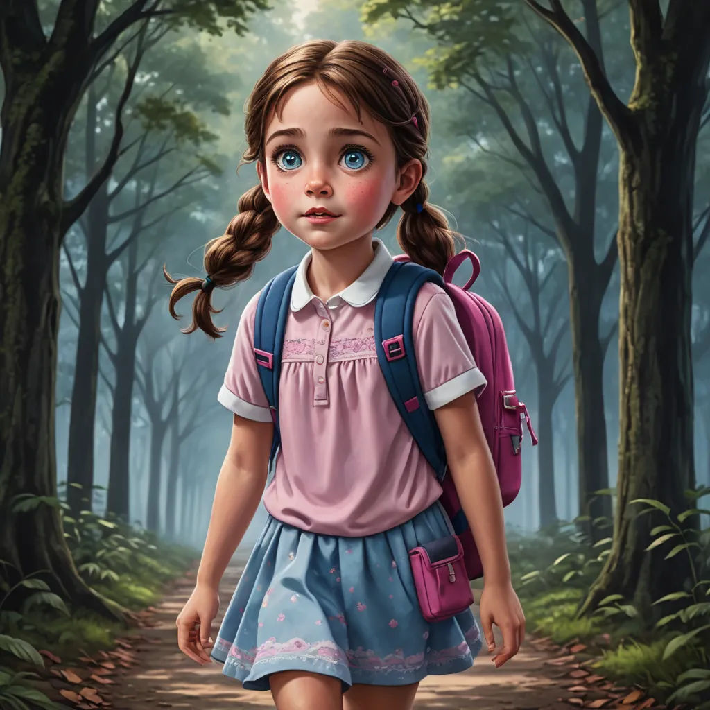 a painting of a girl with a backpack walking through a forest with trees and leaves on the ground,, fantasy art, an ultrafine detailed painting, Art of Brom, cgstudio