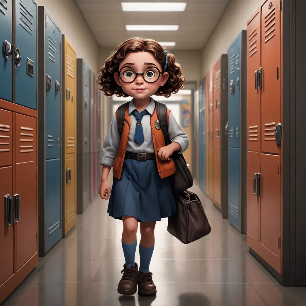 a cartoon girl with glasses and a backpack is walking down a hallway lined with lockers and lockers, photorealism, a character portrait, Alejandro Burdisio, cgstudio