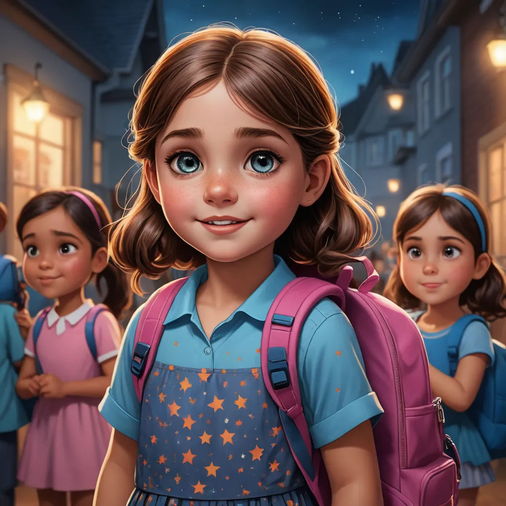 a cartoon girl with a backpack and other children in the background standing in a row on a street at night, paris school, a storybook illustration, Alejandro Burdisio, trending on art station