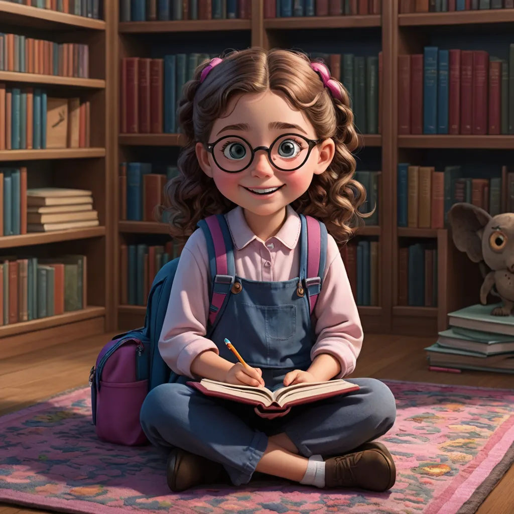 a girl sitting on a rug in front of a bookcase with a book in her lap and a backpack on her lap, photorealism, a storybook illustration, Clarice Beckett, cgstudio