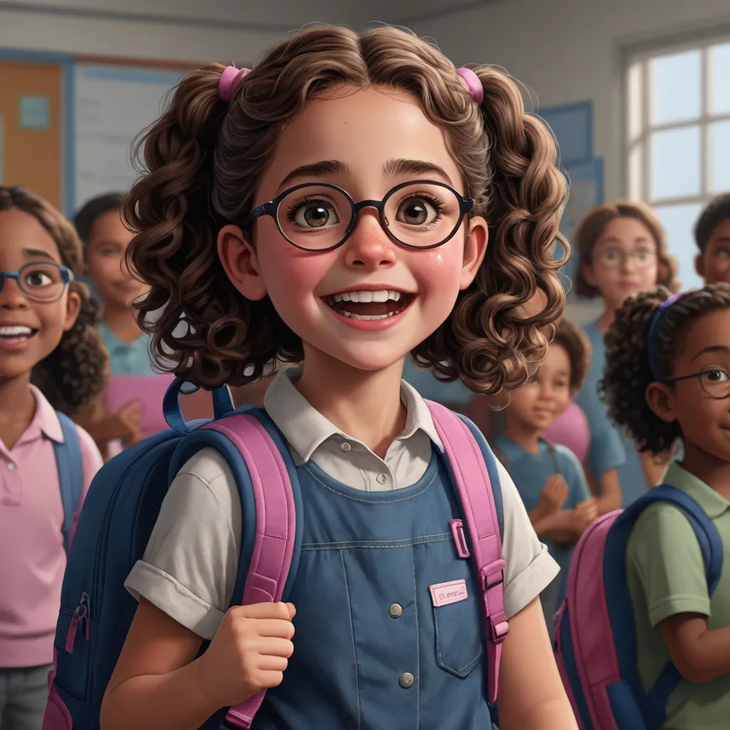 a cartoon girl with glasses and a backpack in front of a group of children in school uniforms and smiling, photorealism, a storybook illustration, Eddie Mendoza, cgstudio