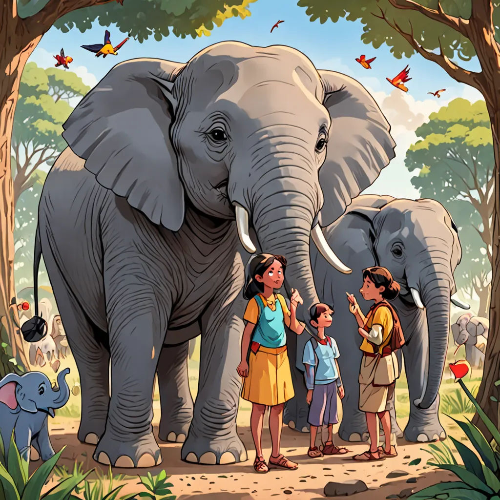 a group of people standing next to an elephant in a forest with other animals around them and a tree, sumatraism, a storybook illustration, Amédée Ozenfant, graphic novel
