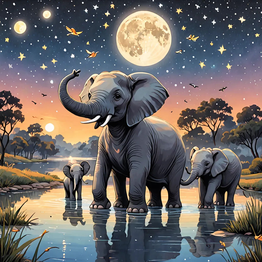 a painting of elephants in a river at night with a full moon in the background and stars in the sky, magical realism, a storybook illustration, Chris LaBrooy, highly detailed digital painting