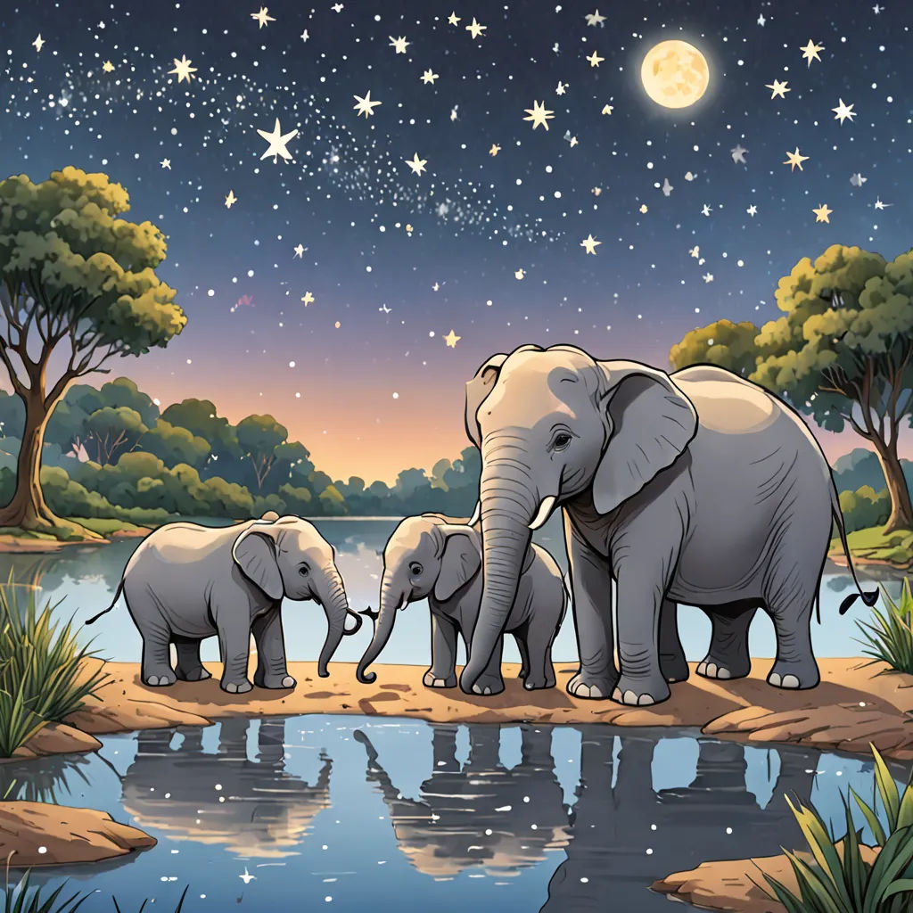 a family of elephants walking across a river under a night sky with stars and the moon above them,, magical realism, a storybook illustration, Chris LaBrooy, storybook illustration