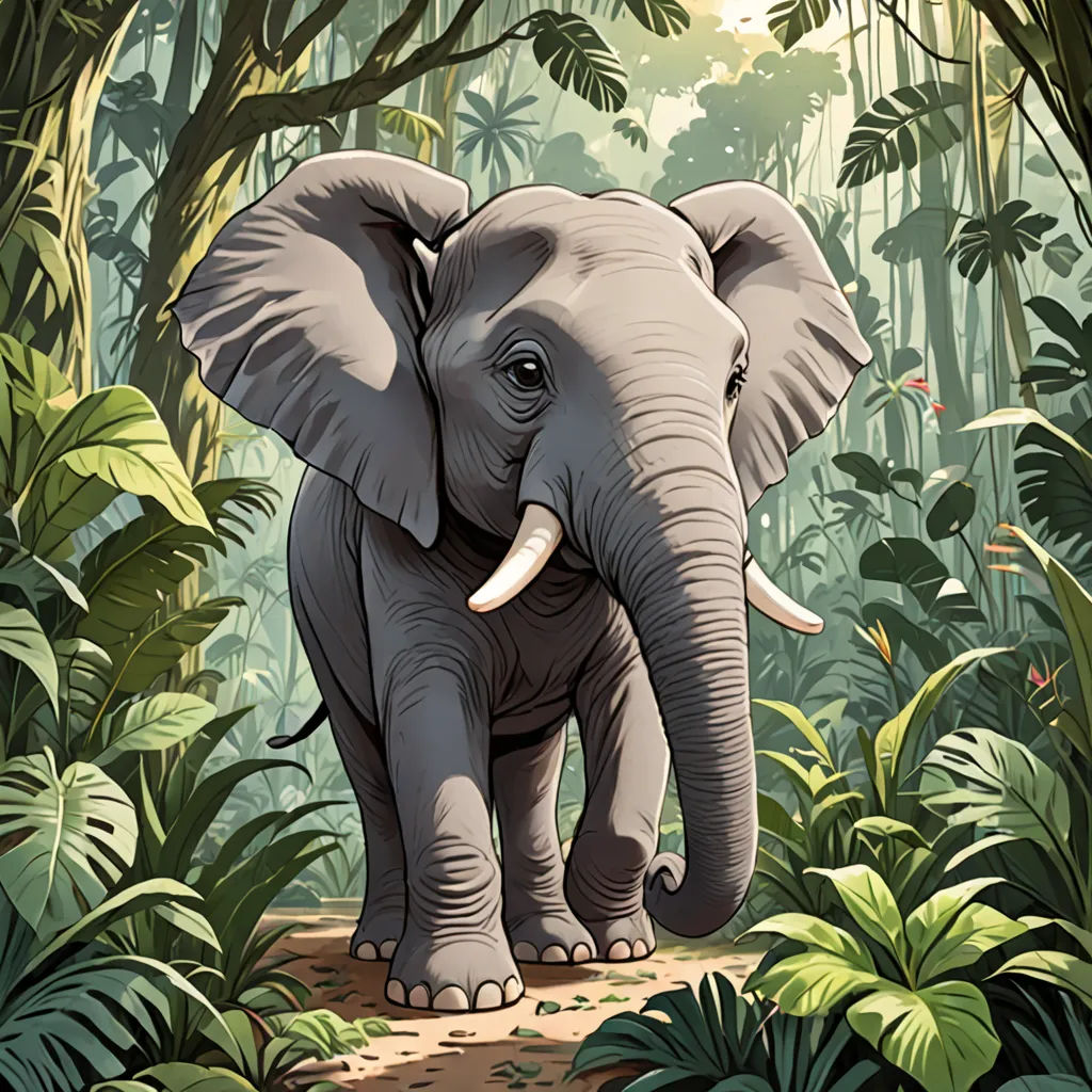 an elephant is walking through a jungle with trees and plants on the ground and a sun shining on the ground, sumatraism, a storybook illustration, Chris LaBrooy, jungle