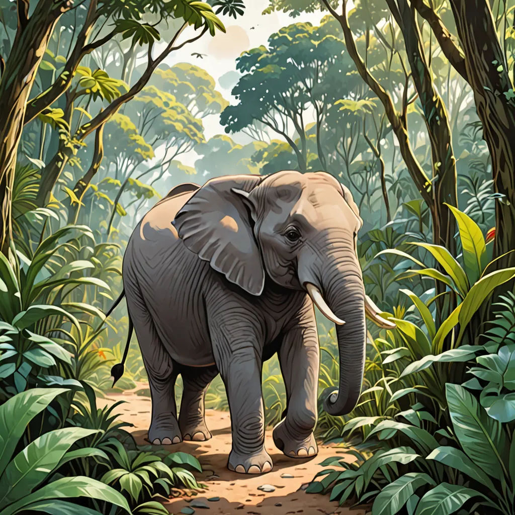 an elephant walking through a lush green forest filled with trees and plants, with a path leading to it, sumatraism, a digital painting, Chris LaBrooy, magic the gathering artwork