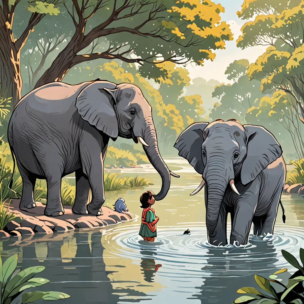 a boy standing in a river with two elephants near by and a woman standing in the water with a fish, samikshavad, a storybook illustration, Asaf Hanuka, comic cover art