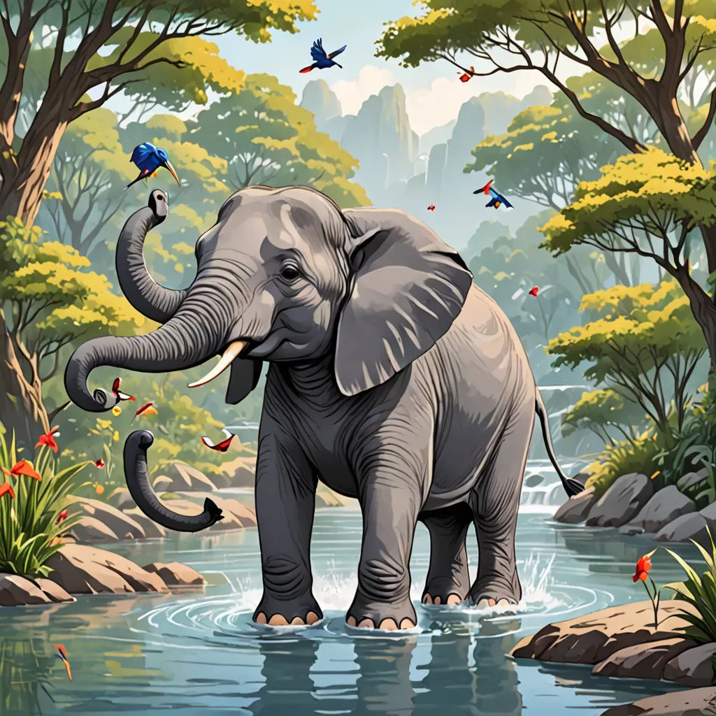 an elephant is standing in the water with birds flying around it and a bird is on its trunk and a bird is on its trunk, fantastic realism, a storybook illustration, Chris LaBrooy, highly detailed digital painting