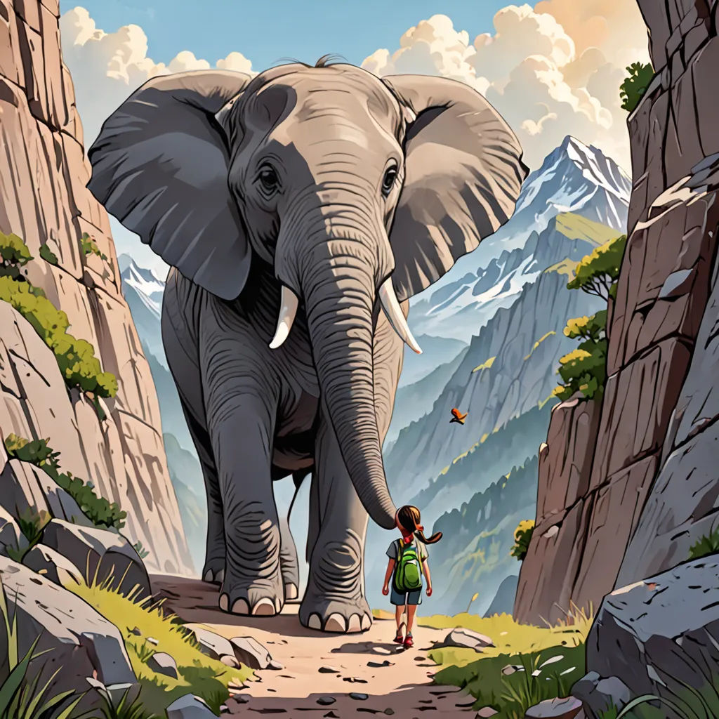 a painting of an elephant and a child walking down a path in the mountains with a mountain range in the background, fantastic realism, a storybook illustration, Chris LaBrooy, storybook illustration