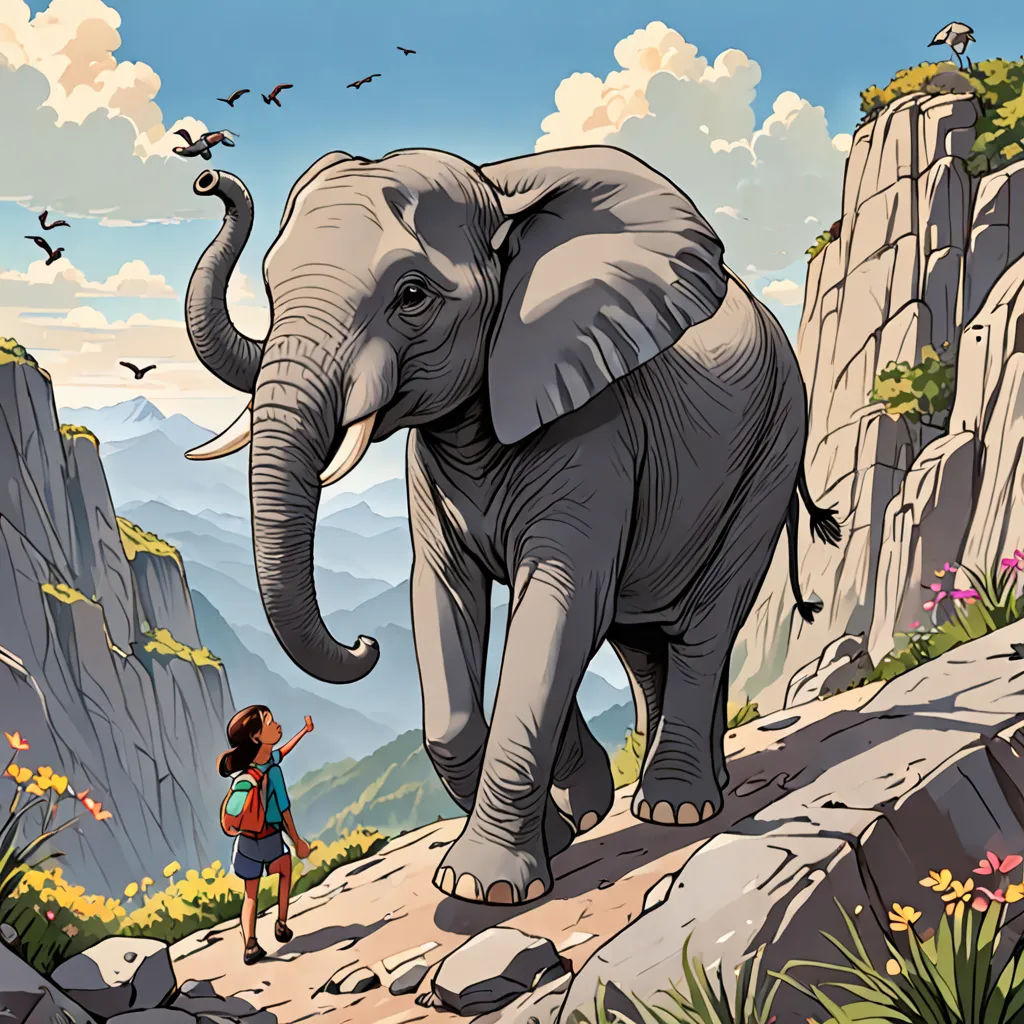 a woman standing on a cliff with an elephant in the background and birds flying around her, and a bird flying above her, sumatraism, a storybook illustration, Chris LaBrooy, storybook illustration