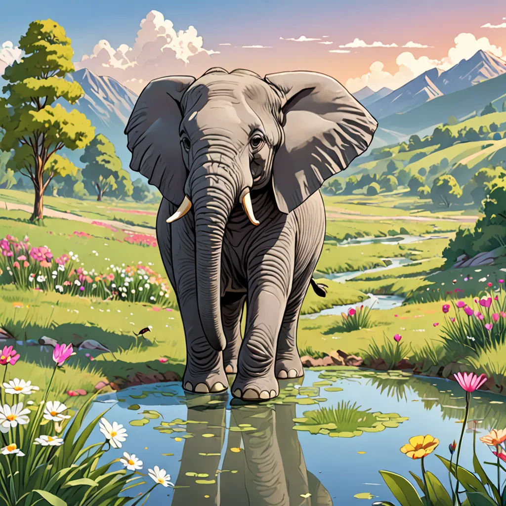 an elephant is walking through a pond of water with flowers in the background and a mountain range in the distance, magical realism, a storybook illustration, Chris LaBrooy, highly detailed digital painting