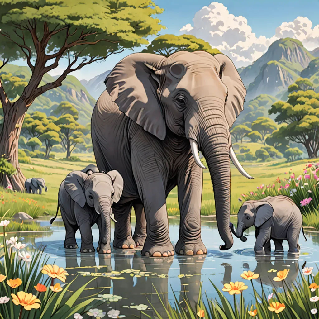 a painting of an elephant family drinking water from a pond with flowers and trees around it, with mountains in the background, fantastic realism, an airbrush painting, Chris LaBrooy, highly detailed digital painting