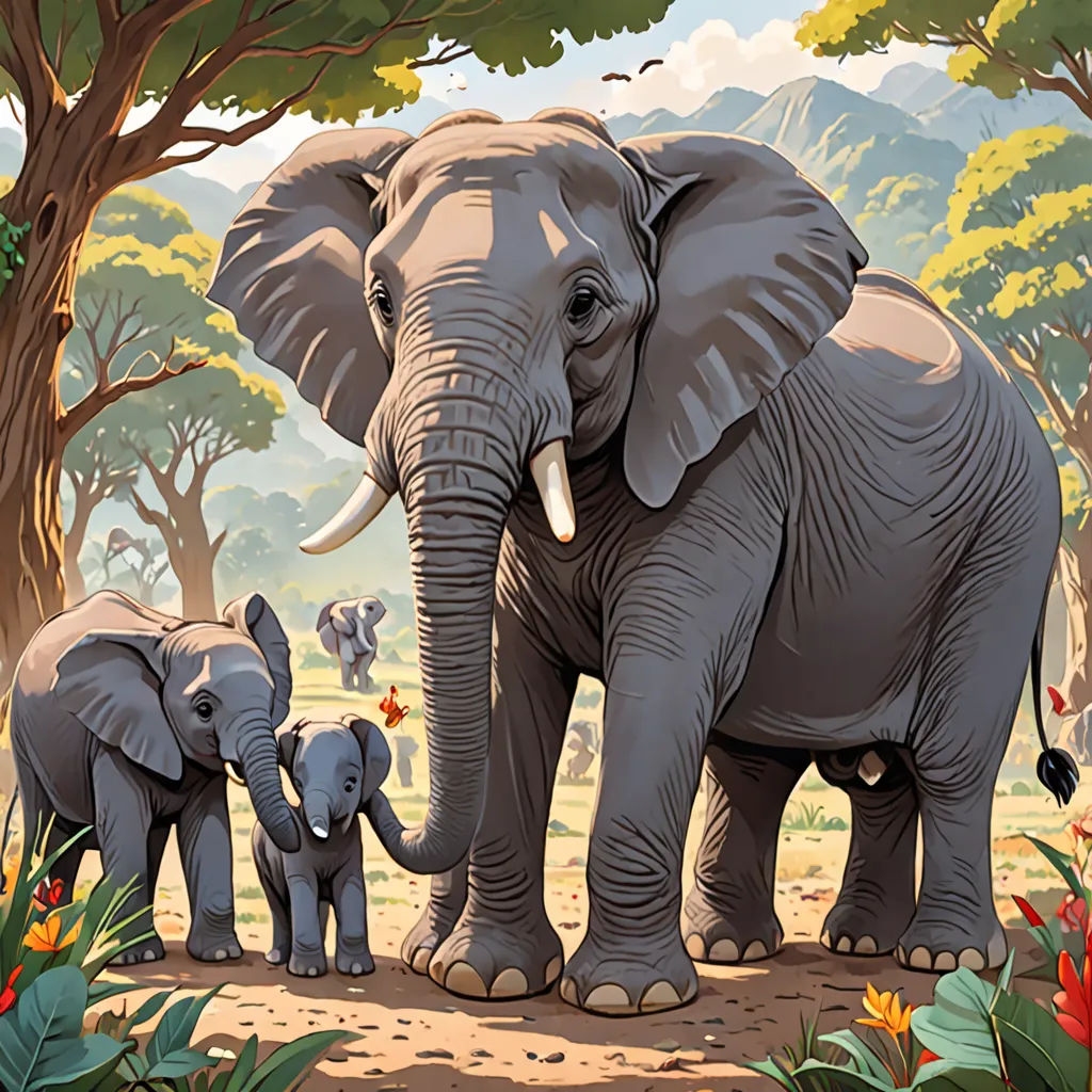 a painting of an elephant family in a forest with a baby elephant in the foreground and a larger elephant in the background, fantastic realism, a storybook illustration, Chris LaBrooy, highly detailed digital painting