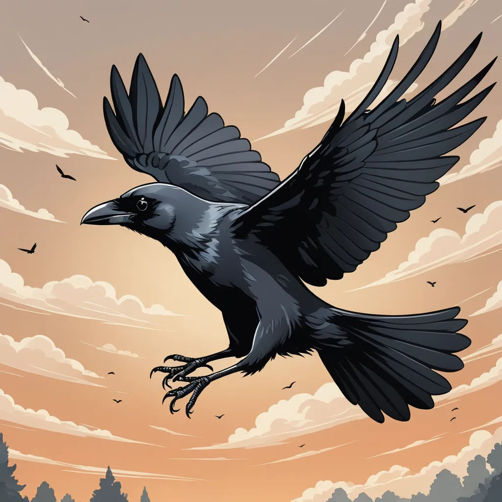 a black bird flying through the air with clouds in the background and a sunset in the background with birds flying, altermodern, a storybook illustration, Dan Mumford, laurie greasley