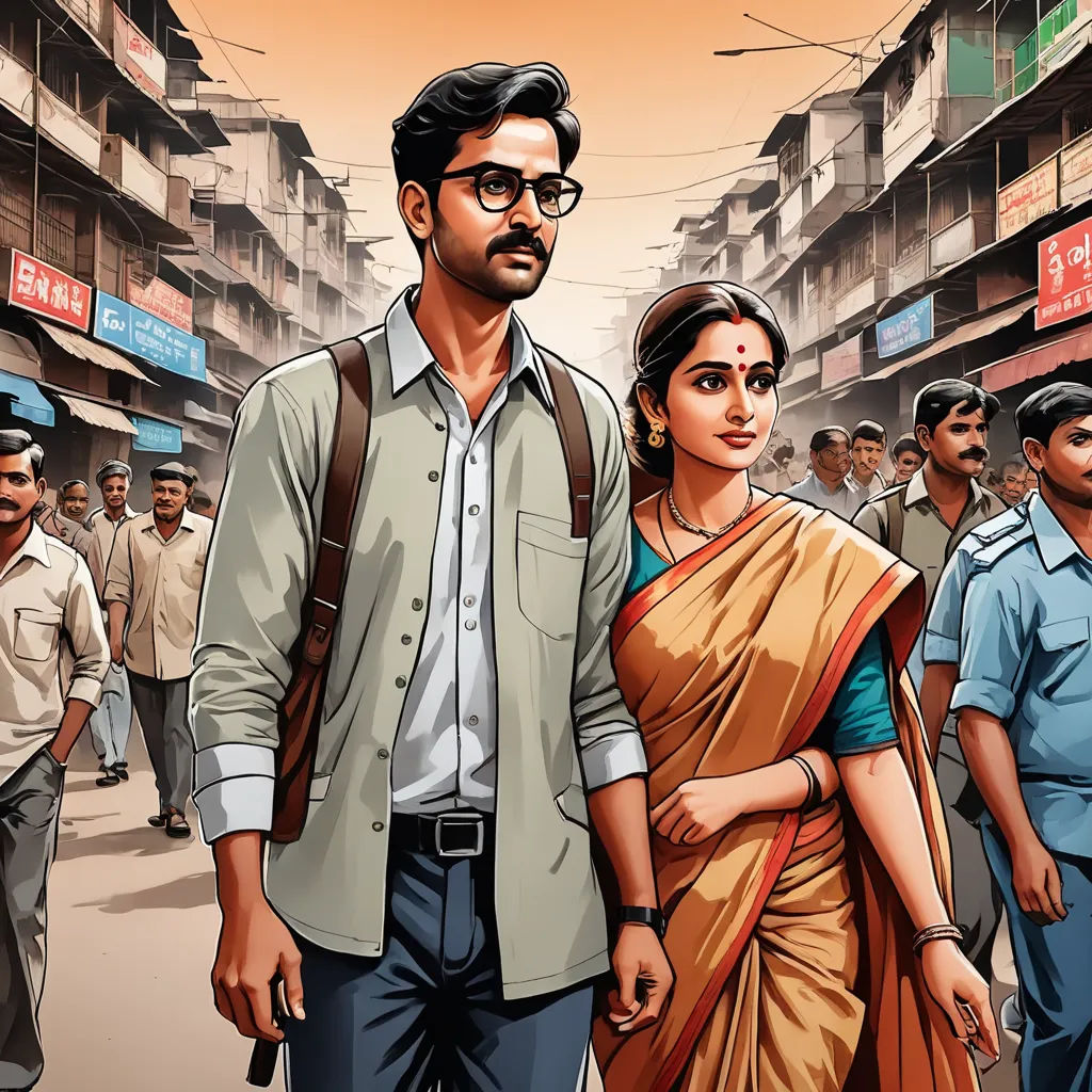 a man and woman walking down a street in india with a crowd of people behind them in the background, samikshavad, poster art, Ella Guru, official art