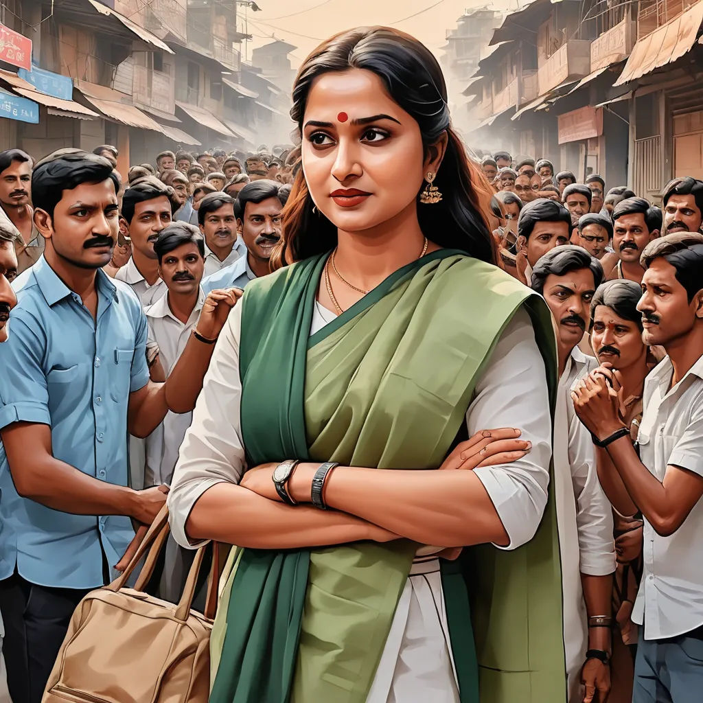 a woman standing in front of a crowd of people with her arms crossed and her hand on her chest, socialist realism, a detailed matte painting, Ella Guru, movie still frame