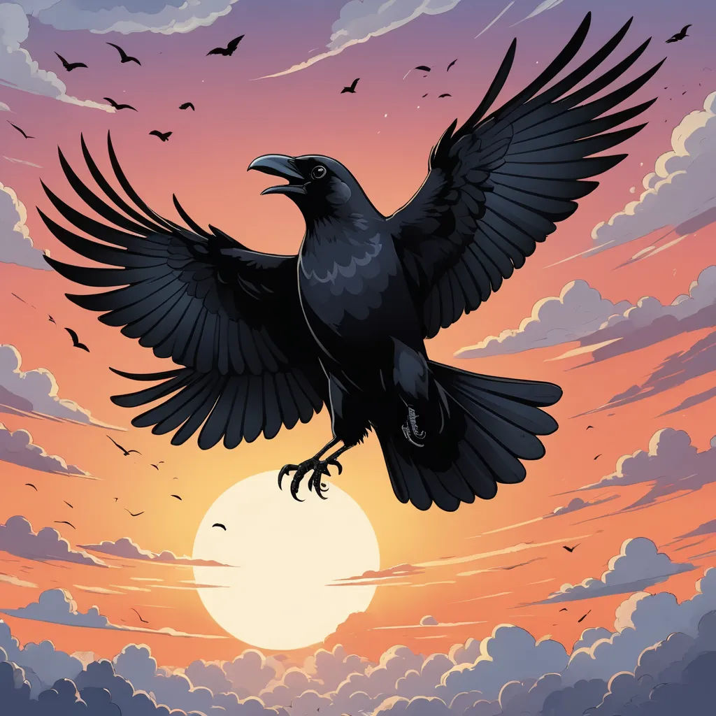 a black bird flying over a sunset with clouds and birds flying around it in the sky and the sun in the background, altermodern, a comic book panel, Dan Mumford, comic cover art