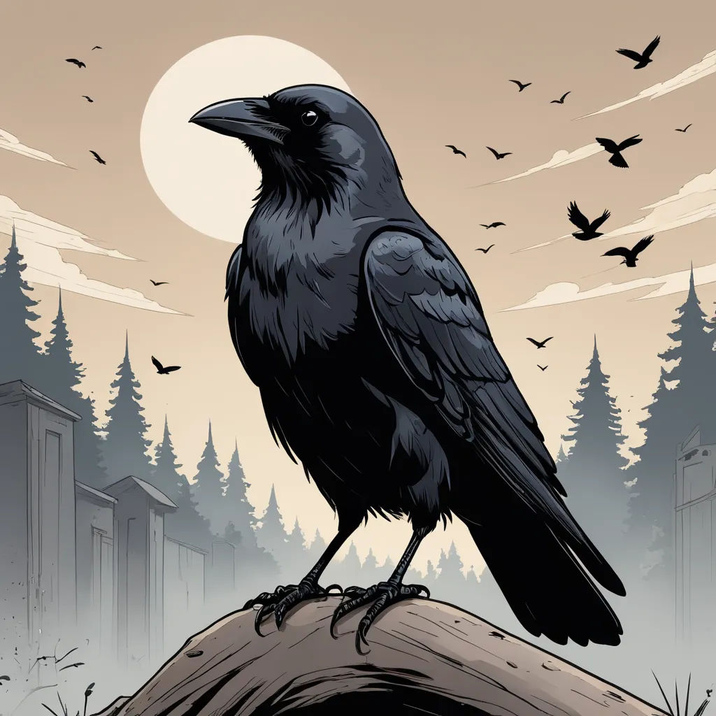 a black crow sitting on a log in front of a full moon and trees with birds flying around it, gothic art, a character portrait, Dan Mumford, comic cover art