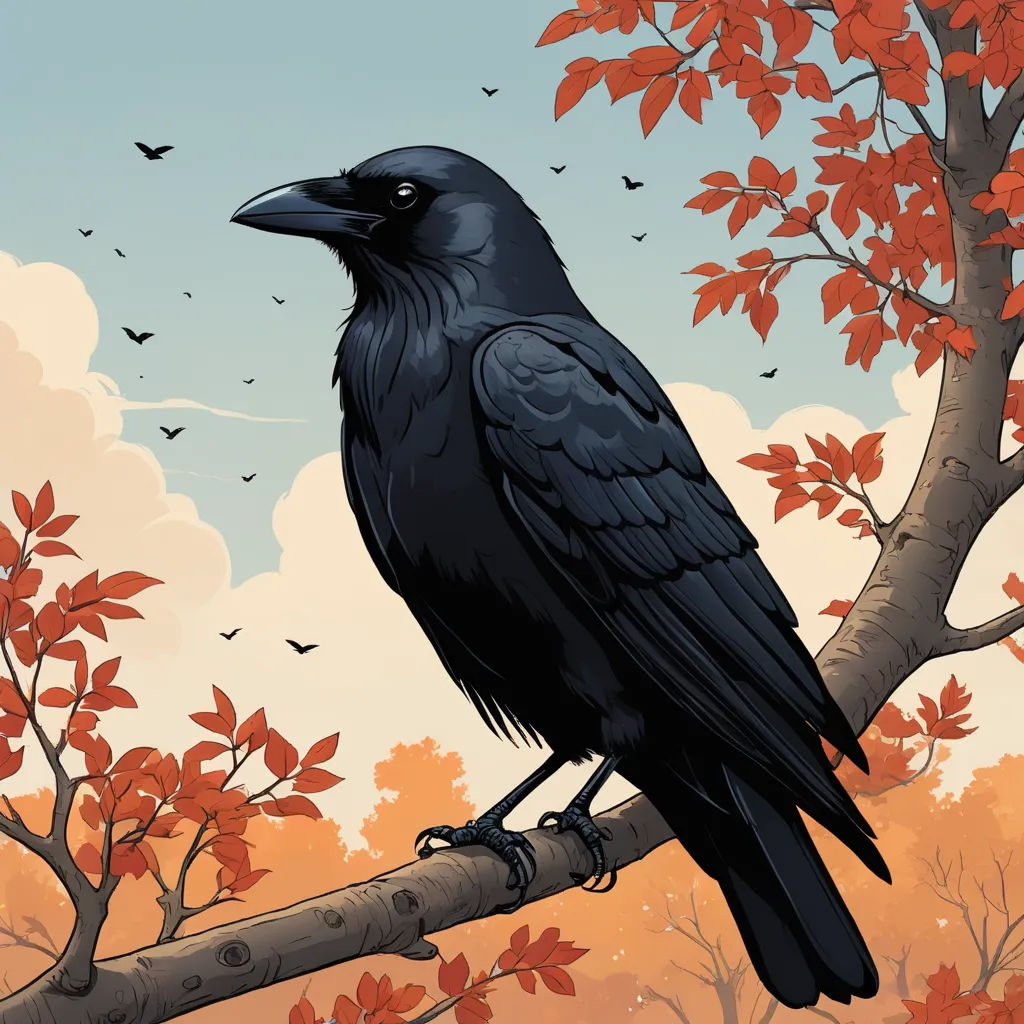 a black bird sitting on a branch in a tree with red leaves and a blue sky in the background, generative art, a detailed drawing, Dan Mumford, josan gonzales and dan mumford