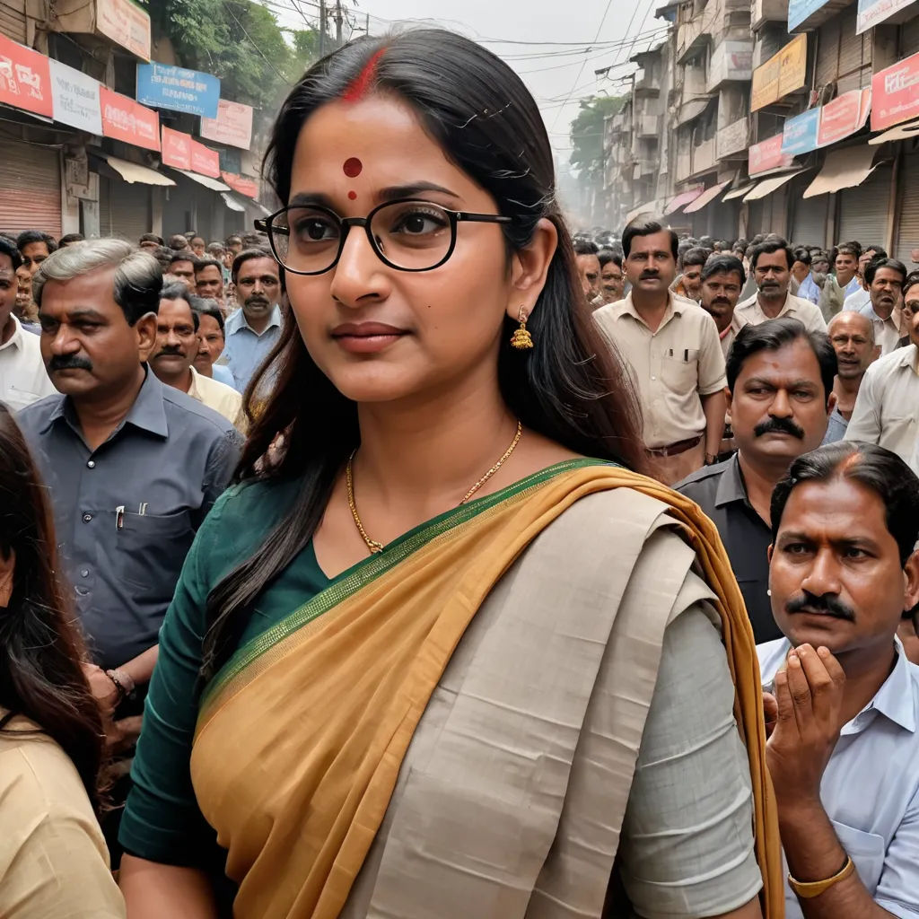 a woman in a sari standing in front of a crowd of people in india, with a man in the background, samikshavad, a photocopy, Ella Guru, movie still