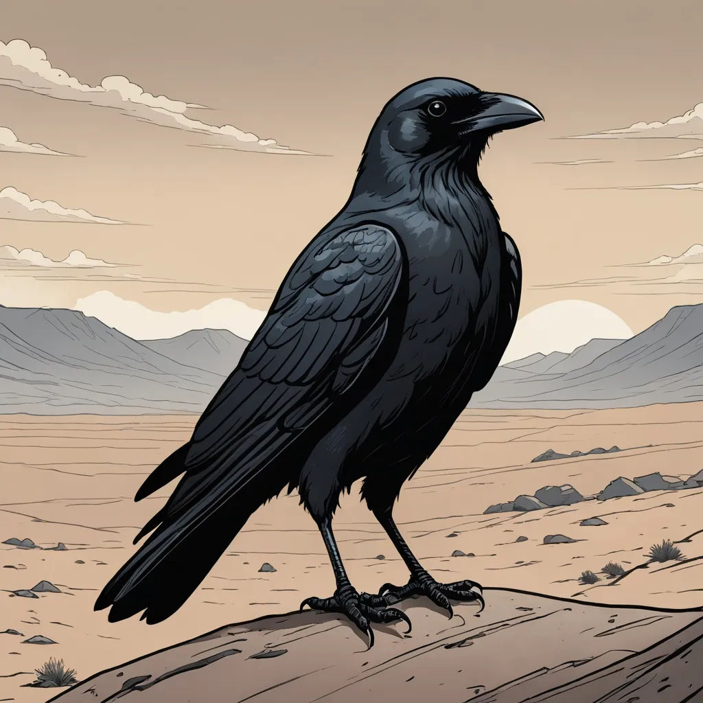 a black bird sitting on top of a rock in the desert with mountains in the background and clouds in the sky, serial art, an album cover, Dan Mumford, promotional image